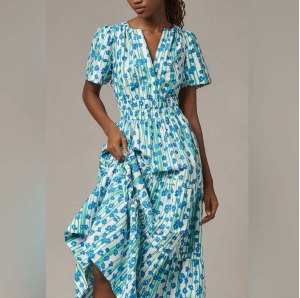 Anthropologie Blue and White Floral-Striped Maxi Dress
